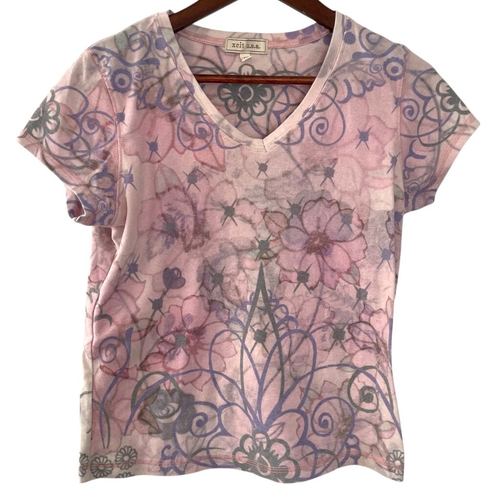 Vintage Y2K Xcit USA T Shirt PL Petite Large Pink Tattoo Floral Print Top